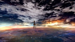 Clouds Earth scarfs anime girls school uniforms skyscapes 