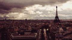 Clouds Eiffel Tower Paris France cars buildings vehicles 