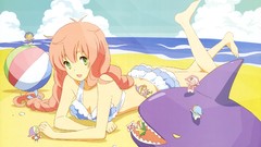 Clouds elves Beaches pink hair long hair anime girls green eyes 
