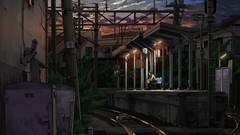 Clouds evening Anime lonely railroad tracks power lines 