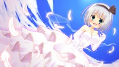 Clouds feathers dress ghosts white hair gloves blush smiling 