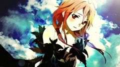 Clouds feathers dress red eyes sunlight pink hair long hair 