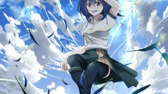 Clouds feathers hats lens red eyes skirts lens flare short hair 