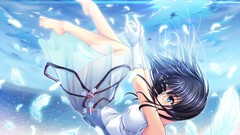 Clouds feathers tears anime girls blue eyes