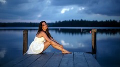 Clouds feet woman sitting lakes piers barefoot brunettes white 