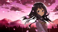 Clouds flower petals black hair purple eyes