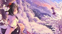 Clouds flying red eyes Ribbons skirts brown eyes short hair 