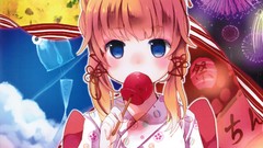 Clouds food fireworks goddess lanterns blondes long hair anime 