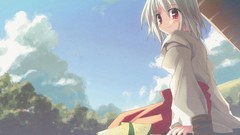 Clouds food red eyes anime girls short hair gray hair miko 