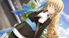 Clouds glasses Ribbons blush long hair green eyes meganekko