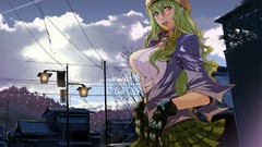 Clouds gloves houses caps vehicles street lights bleach green 