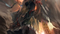 Clouds hats Ribbons rod stockings skirts anime girls green eyes 