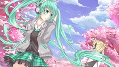 Clouds headphones long hair green eyes short hair hatsune miku 