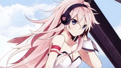 Clouds headphones pink hair long hair anime girls blue eyes 