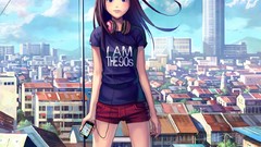 Clouds headphones Shorts iphone cities long hair anime girls 