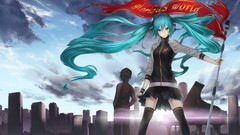 Clouds headphones Skyscrapers Flags buildings instruments 