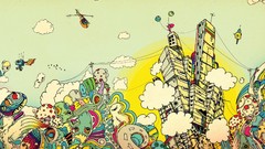 Clouds Helicopters retro buildings drawings multicolor 