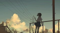 Clouds houses skirts anime girls school uniforms short hair 