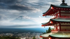 Clouds Japan pagoda architecture cityscapes rooftops mount fuji 