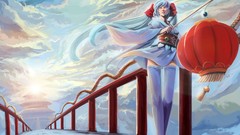 Clouds kimono lanterns blue hair long hair anime girls blue 