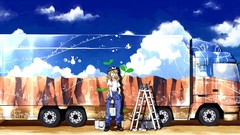 Clouds ladder blondes smiling anime girls trucks skies hakurei 