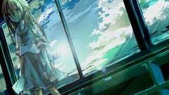 Clouds long hair anime girls brunettes school uniforms skies 