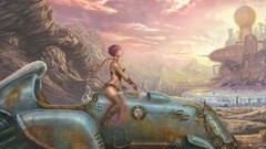 Clouds Machines woman steampunk buildings drawings pink hair 