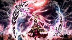 Clouds moon brown dress Ribbons long hair blue eyes scythe 