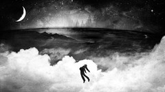 Clouds moon outer space floating artwork grayscale Alex Cherry 