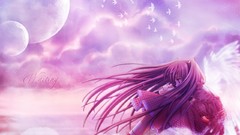 Clouds moon wings Anime dress red eyes long hair anime girls 