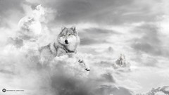 Clouds moon Wolves Castles yellow eyes artwork Desktopography