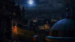 Clouds moonlight urban lanterns full moon cityscapes rooftops