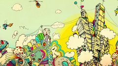 Clouds multicolor retro buildings