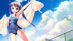 Clouds navel fences happy buildings long hair anime girls blue 
