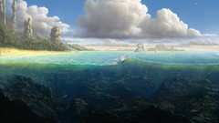 Clouds ocean fish Plants underwater rocks artwork split-view