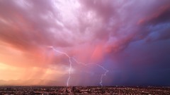 Clouds pink Lightning storm cities skies cityscapes