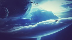 Clouds planets spaceships science fiction artwork digital art 