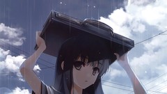 Clouds rain suitcase long hair anime girls school uniforms 
