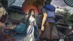 Clouds rain Umbrellas kimono long hair short hair black hair 