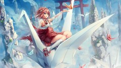 Clouds red blue eyes Japanese clothes torii Hime