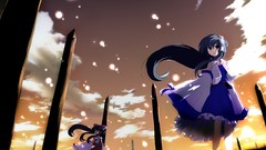 Clouds red dress Pillars bows outdoors skirts long hair anime 