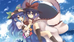 Clouds red eyes blue hair long hair short hair touhou nagae iku 