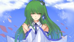 Clouds Ribbons blush long hair anime girls green eyes flower 