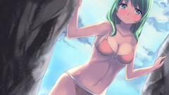 Clouds rocks blush long hair anime girls blue eyes green hair 