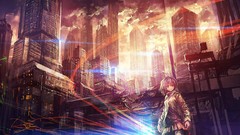 Clouds ruins buildings skirts cities anime girls short hair 