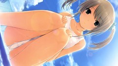 Clouds school anime girls green eyes brunettes twintails hair 