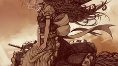 Clouds sepia dress Profile hats flying sitting drawings bows 