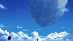 Clouds Shorts anime girls short hair black hair scenic
