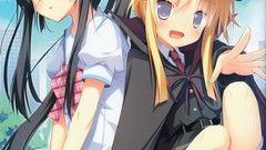 Clouds sitting blondes smiling anime girls blue eyes skies 