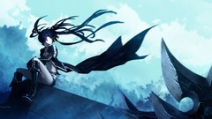 Clouds sitting long hair anime girls blue eyes black rock 